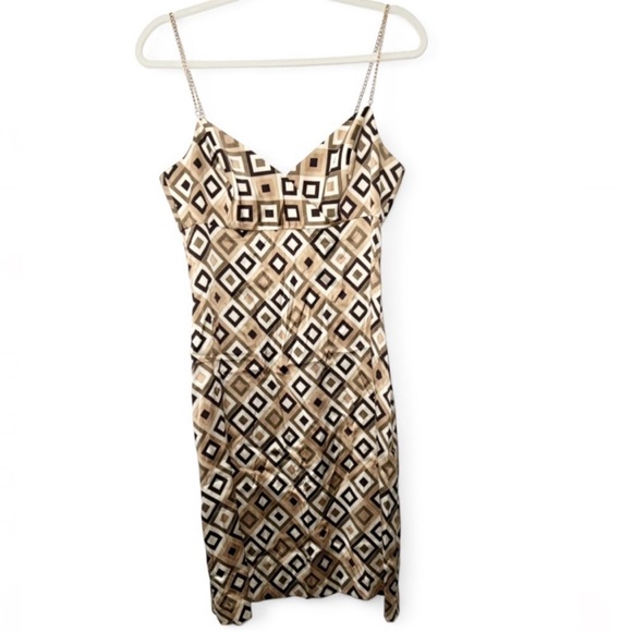 Shoshanna Silk Geometric Slip Dress 8 Gold Chain Strap Y2K 90s Mini Retro - Picture 2 of 12